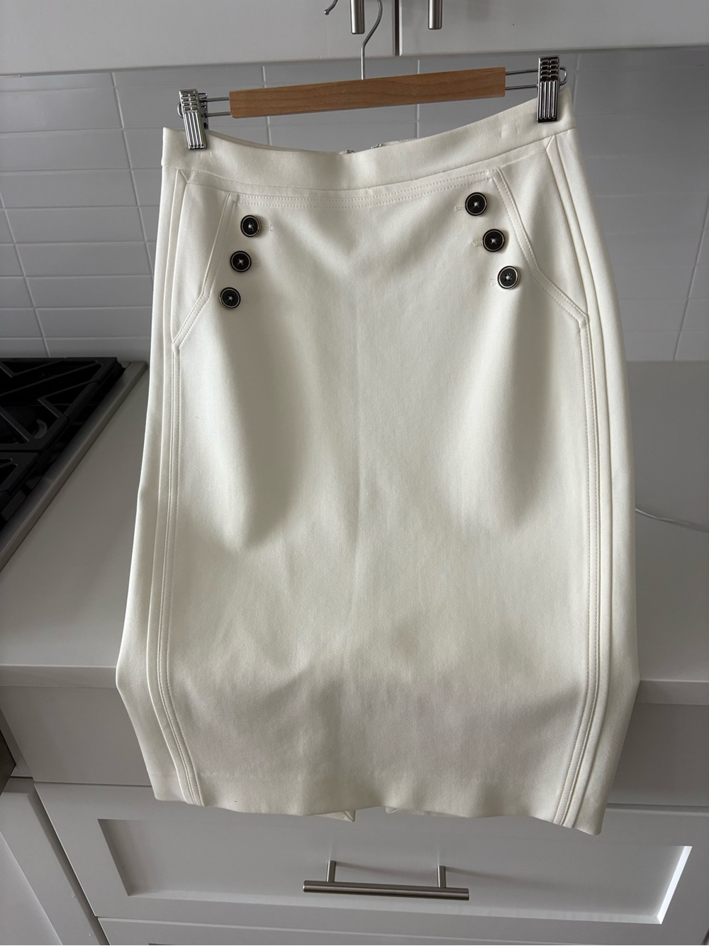 White House Black Market Cream Pencil Skirt with Decorative Buttons